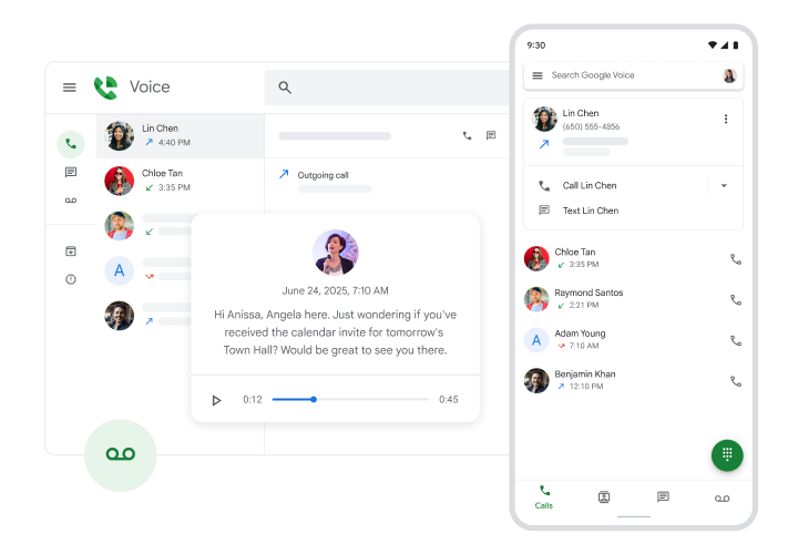 Google Voice desktop and mobile views showing recent calls, messages, and a transcription.