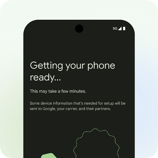 La pantalla de un teléfono Android con el título "Preparando tu teléfono…". Hay dos mensajes más debajo del título en los que se puede leer "Este proceso puede tardar unos minutos. Parte de la información del dispositivo que se necesita para la configuración se enviará a Google, a tu operador y a sus colaboradores".