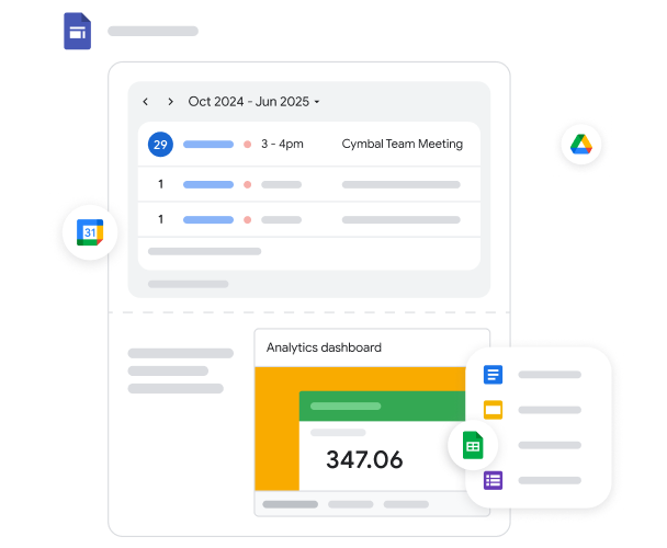 Google Workspace-Oberfläche mit Kalenderterminen und eingebettetem Analysen-Dashboard
