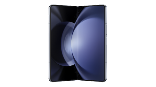 Ein zur Hälfte zusammengefaltetes Samsung Galaxy Z Fold5 mit einem farbigen Display