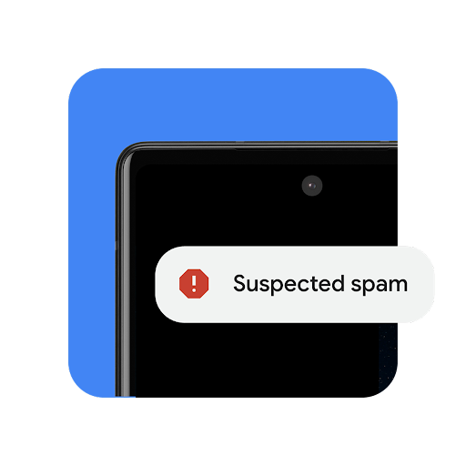 Un ejemplo de una notificación de spam está delante de un teléfono negro sobre un fondo azul.