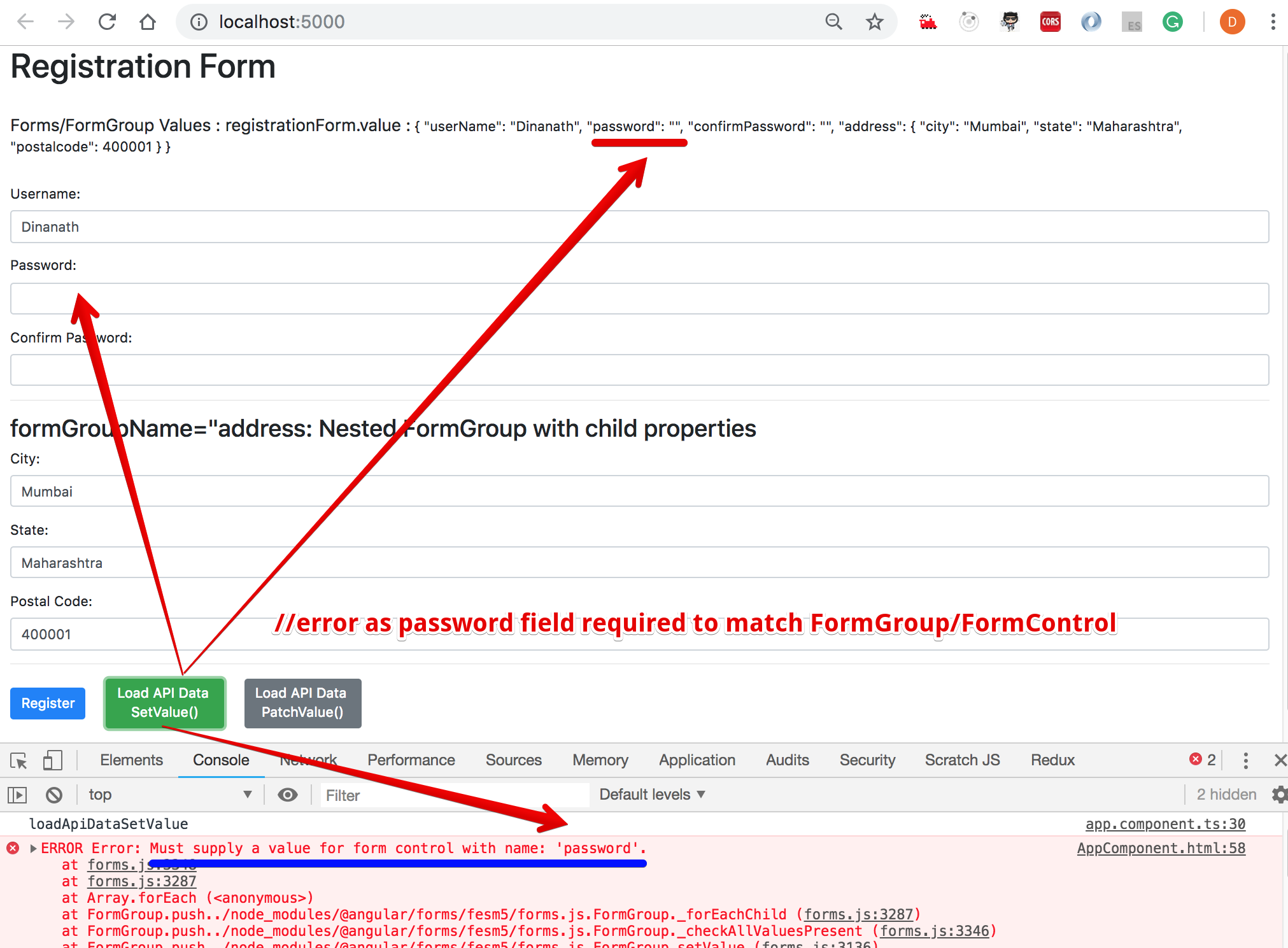 Reactive Form - setValue() method - error