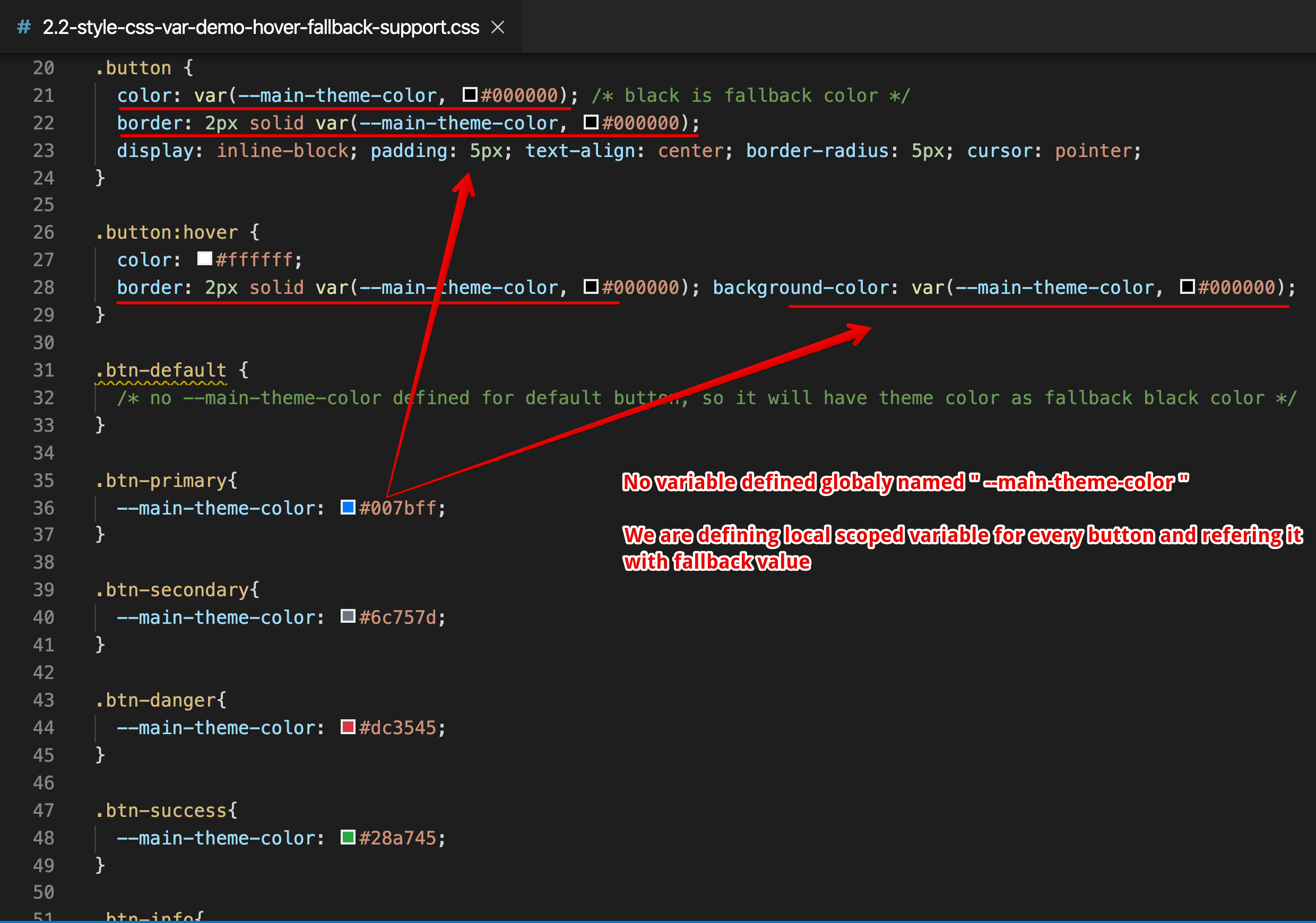 Style CSS Variables Demo - Hover effect with fallback support