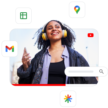 Videoanzeige für Kopfhörer, die von mehreren Google-Produktsymbolen umgeben ist und die Performance Max-Reichweite zeigt.